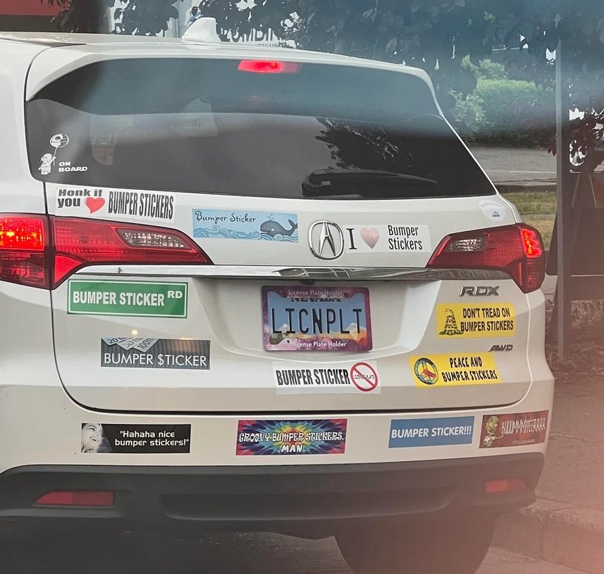 Bumper stickers that say ... &quot;bumper sticker&quot;

https://www.reddit.com/media?url=https%3A%2F%2Fpreview.redd.it%2Fthis-car-is-full-of-bumper-stickers-that-say-bumper-sticker-v0-ha95d3d2ac3b1.j ...
