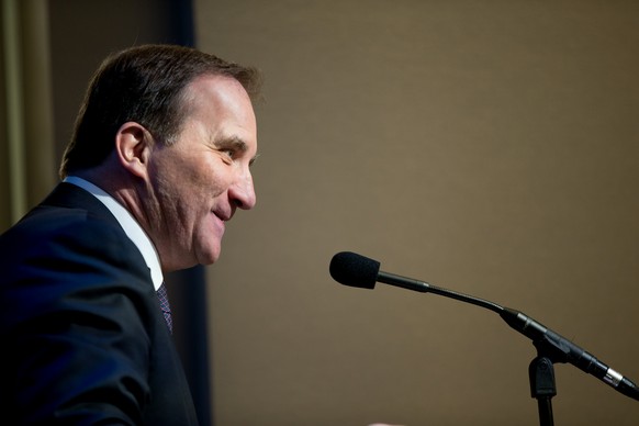 Sweden Prime Minister Stefan Löfven speaks at the Brookings Institution in Washington, Tuesday, March 31, 2015. (AP Photo/Andrew Harnik)