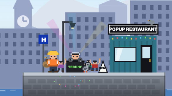 Auf dem Weg zum Käfig passiert man eine Technoparty und ein Popup-Restaurant.