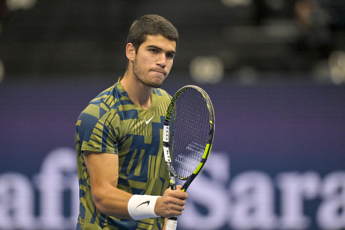 Spain's Carlos Alcaraz during his round of sixteen match against Botic van de Zandschulp from the Netherlands at the Swiss Indoors tennis tournament at the St. Jakobshalle in Basel, Switzerland,  ...