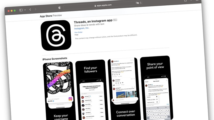 Facebook-Konzern will eine Twitter-Alternative namens Threads lancieren. Im App-Store von Apple gibts eine Vorankündigung dazu.