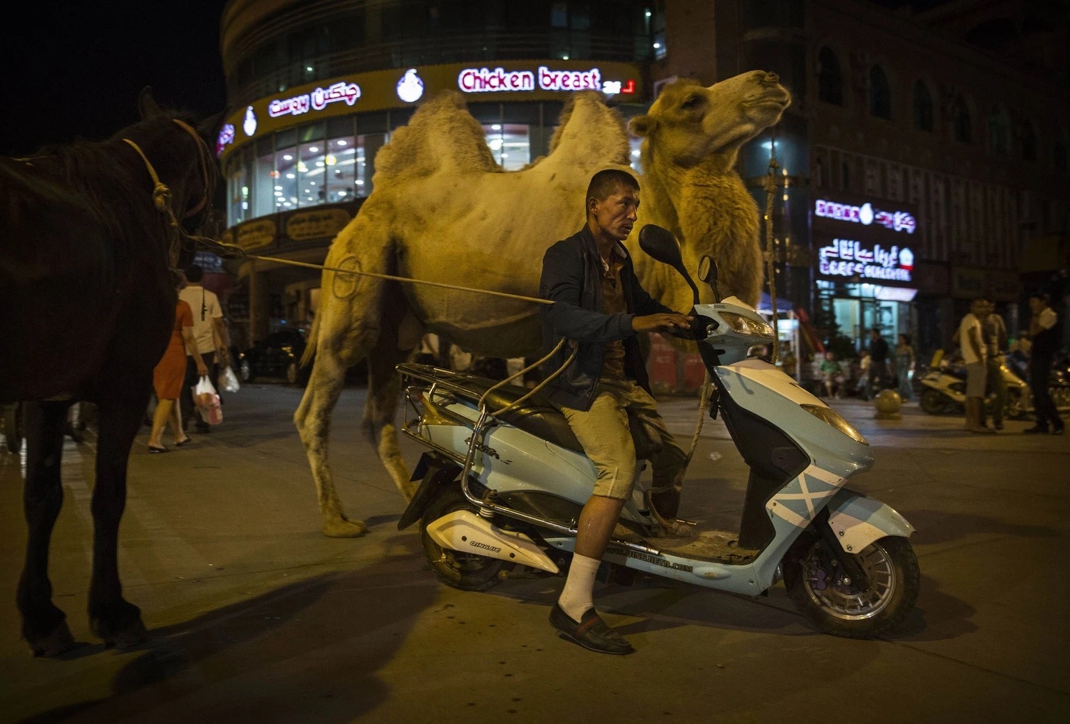 Strassenszene in Kaschgar: Der Mann auf dem Roller führt ein Kamel und ein Pferd an der Leine.