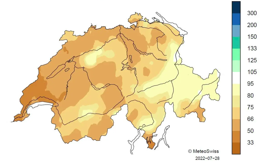 Die Grafik zeigt, dass zwischen Mai und Ende Juli in der Schweiz sehr wenig Regen gefallen ist.