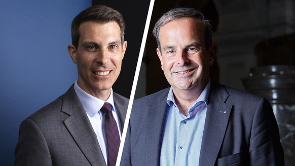 FDP-Präsident Thierry Burkart (links) und Mitte-Präsident Gerhard Pfister kämpfen darum, wer in der Schweiz die drittgrösste Partei führt.