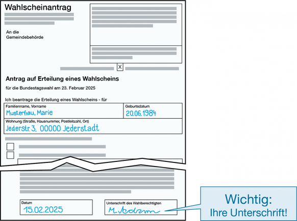 Antrag für einen Wahlschein für die Bundestagswahl.
https://www.bpb.de/themen/politisches-system/politik-einfach-fuer-alle/503665/bundestagswahl-2025-kurz-und-knapp/