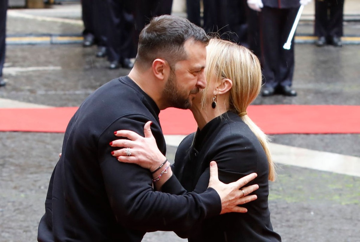 ROME, ITALY - MAY 13,2023: Italy's Prime Minister, Giorgia Meloni greets Ukrainian President Volodymyr Zelensky upon his arrival for their meeting at Palazzo Chigi in Rome. (Photo credit should r ...