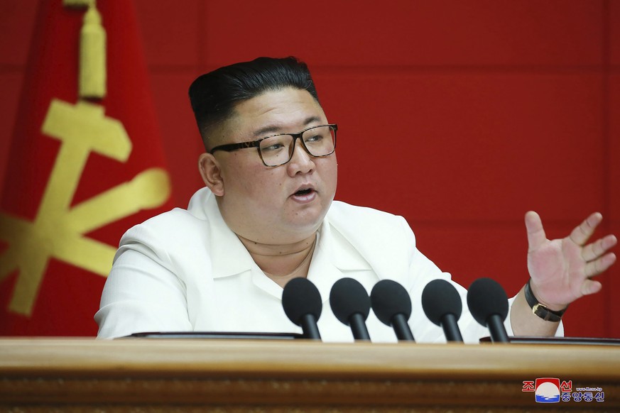 In this photo provided by the North Korean government, North Korean leader Kim Jong Un, center, speaks during a plenary meeting of the Workers