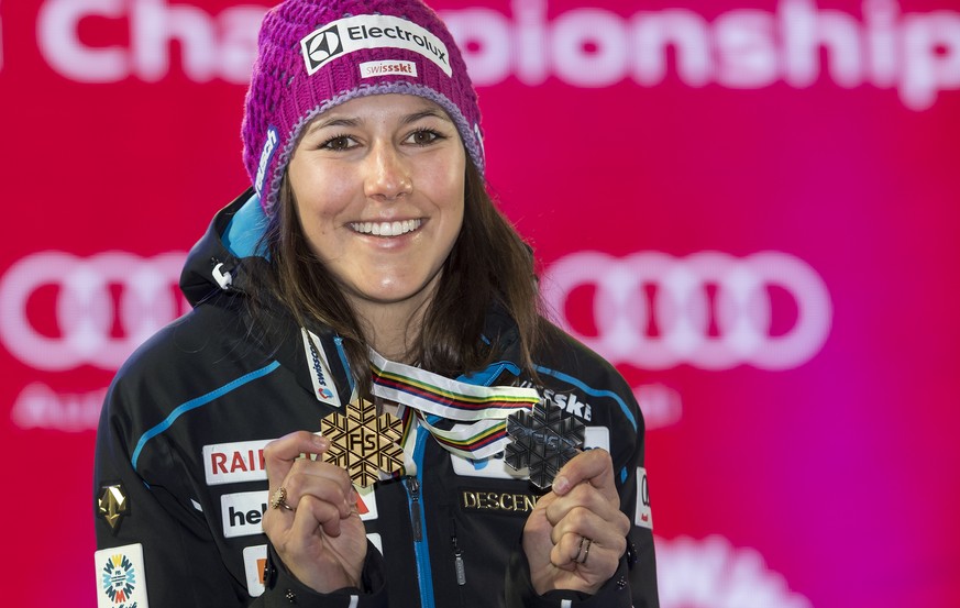 Wendy Holdener of Switzerland, poses with the Silver medal for the Slalom and the Gold medal for the Alpine Combined during the medal ceremony of the women Slalom at the 2017 FIS Alpine Skiing World C ...