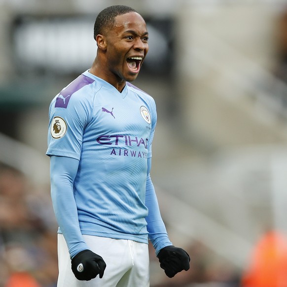 epa08034787 Manchester City's Raheem Sterling celebrates after scoring a goal during the English Premier League soccer match between Newcastle United and Manchester City in Newcastle, Britain, 30 ...