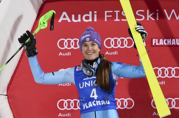 FILE - In this Jan. 12, 2016 file photo Czech Republic&#039;s Sarka Strachova celebrates on the podium her second place in a women&#039;s World Cup slalom, in Flachau, Austria. The 32-year-old slalom  ...