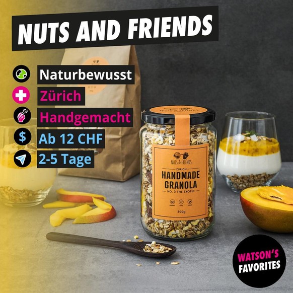 Das handgemachte Granola von <a target="_blank" rel="nofollow" href="https://www.nutsandfriends.ch/">Nuts and Friends.</a>
