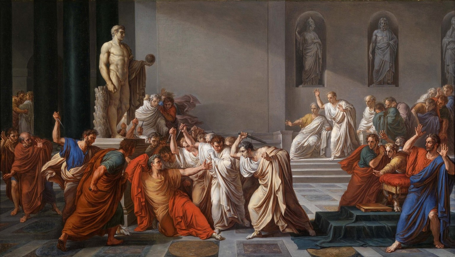 Der Tod des Caesar von Vincenzo Camuccini (1798) Beide Historiengemälde zeigen, wie sich Maler im 18. und 19. Jahrhundert die Ermordung Caesars vorstellten.