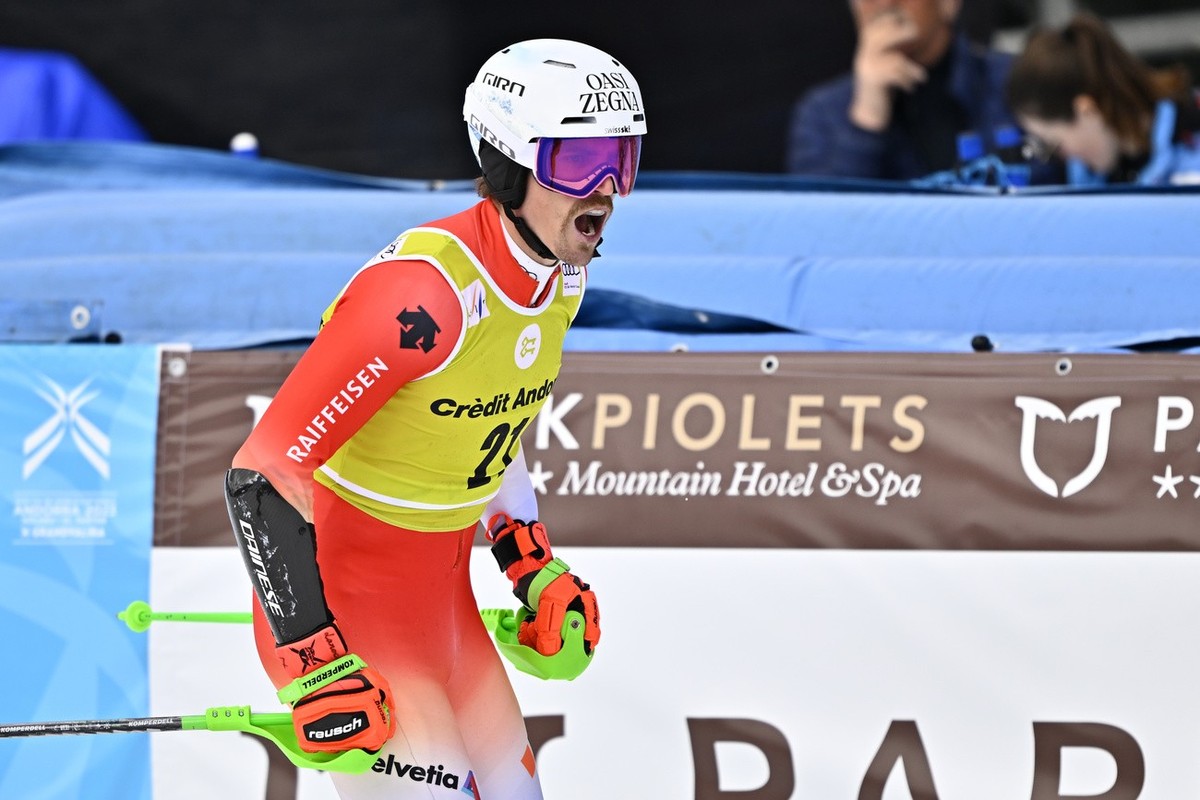 Marc Rochat of Switzerland reacts in the finish area during the second run of the men's slalom race at the FIS Alpine Skiing World Cup finals in Soldeu, Andorra, Sunday, March 19, 2023. (KEYSTONE ...
