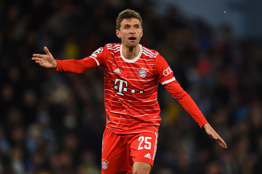 epa10568922 Thomas Muller of Bayern Munich reacts during the UEFA Champions League quarter final 1st leg match between Manchester City and Bayern Munich in Manchester, Britain, 11 April 2023. EPA/PETE ...