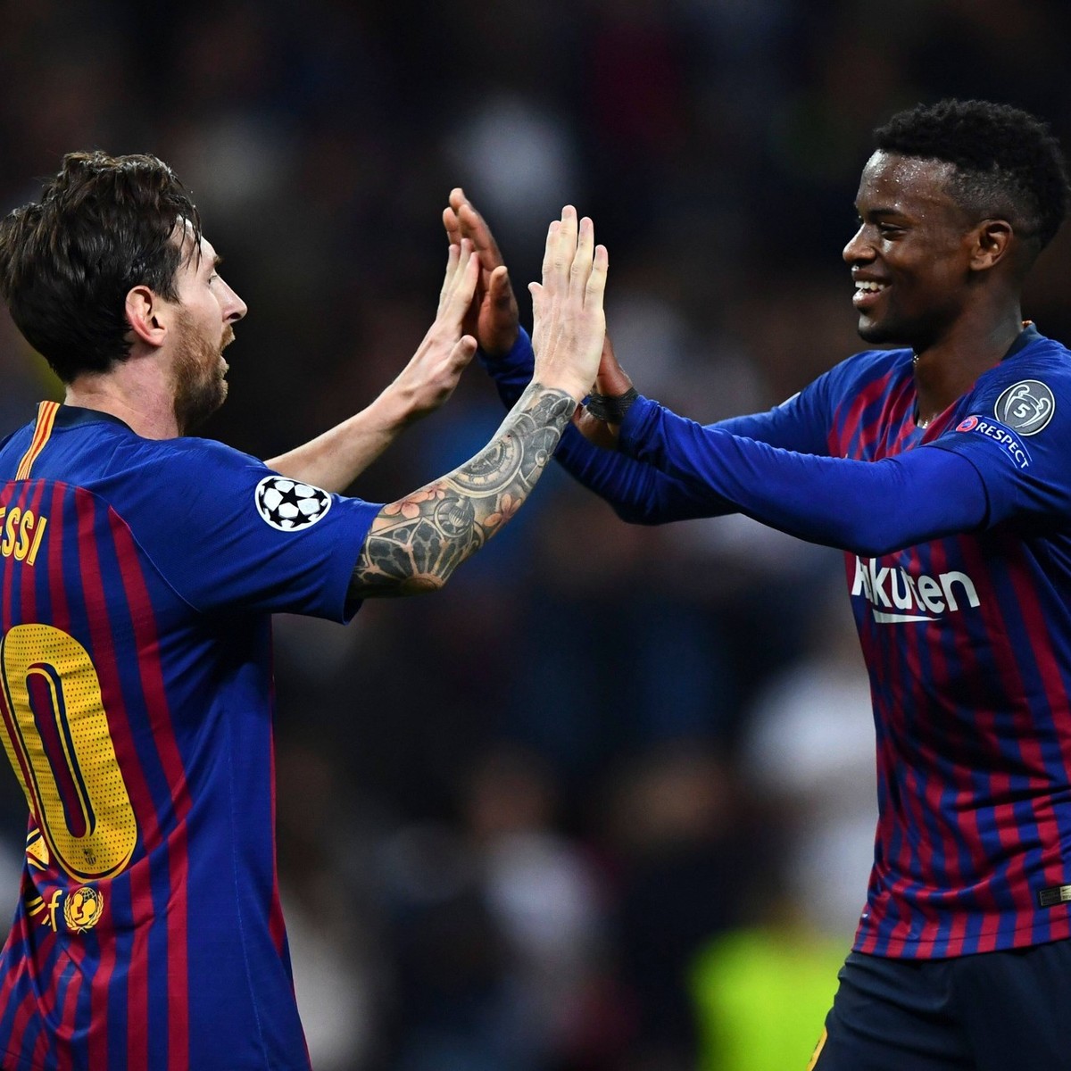 Mandatory Credit: Photo by Javier Garcia/BPI/Shutterstock 9913632cd Lionel Messi of Barcelona celebrates his second goal with Nelson Semedo Tottenham Hotspur v Barcelona, UEFA Champions League Group B ...