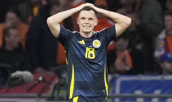 Scotland&#039;s Lawrence Shankland reacts after a missed scoring opportunity during an international friendly soccer match between Netherlands and Scotland at the Johan Cruyff ArenA, in Amsterdam, Net ...