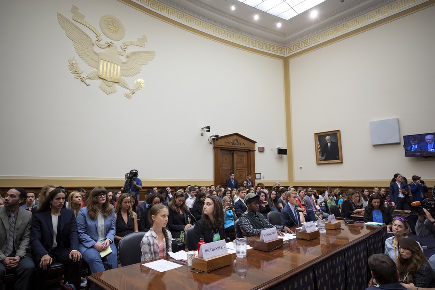 epa07850919 Swedish climate activist and Fridays for Future founder Greta Thunberg attends the joint House Foreign Affairs and House (Select) Climate Crisis committees hearing in the Rayburn House Off ...