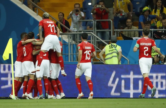 epa06816944 Players of Switzerland celebrate the 1-1 goal during the FIFA World Cup 2018 group E preliminary round soccer match between Brazil and Switzerland in Rostov-On-Don, Russia, 17 June 2018.
 ...