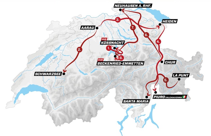 Mit einer Zielankunft in Italien – das sind die acht Etappen der Tour de Suisse.
