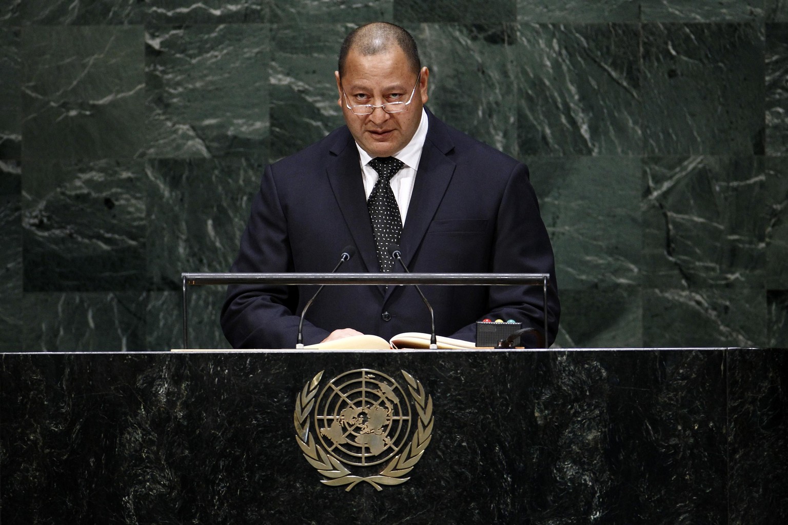 Tongas König, Tupou VI., hält eine Rede an der 69. UN-Generalversammlung in New York 2014.&nbsp;