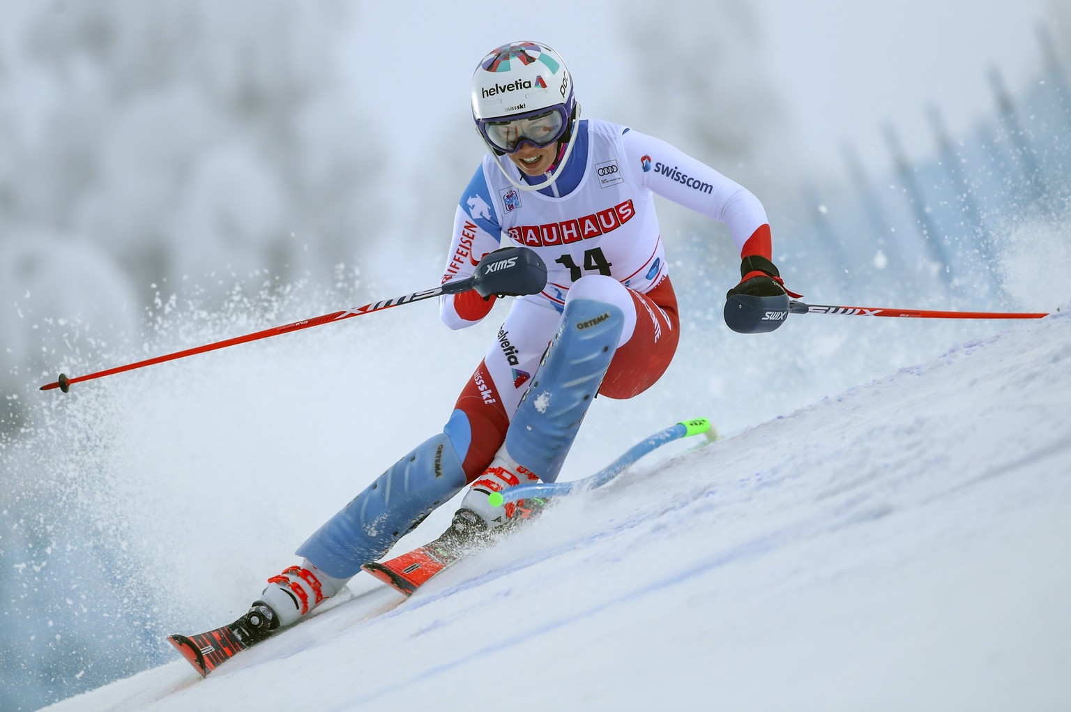 Switzerland&#039;s Michelle Gisin competes during an alpine ski, women&#039;s slalom in Levi, Finland, Saturday, Nov. 23, 2019. (AP Photo/Alessandro Trovati)