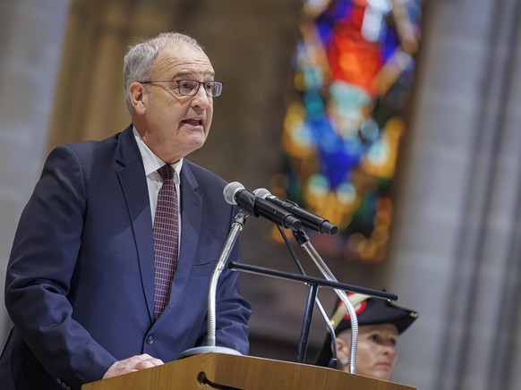 Le conseiller federal Guy Parmelin s&#039;exprime lors de la ceremonie de l&#039;anniversaire des 750 ans de la consecration de la Cathedrale de Lausanne, ce lundi 20 octobre 2025 a la Cathedrale de L ...