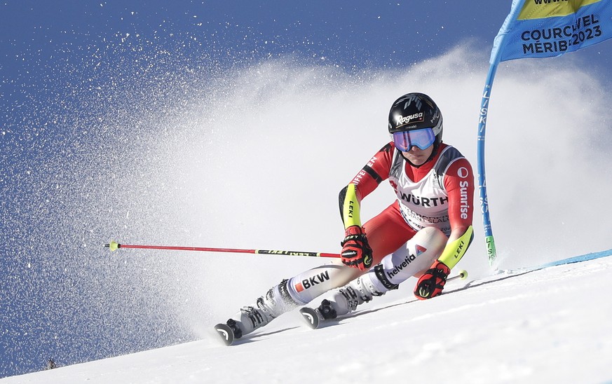epa10469776 Lara Gut-Behrami of Switzerland cuts a gate during the 1st run in the Women&#039;s Giant Slalom event at the FIS Alpine Skiing World Championships in Meribel, France, 16 February 2023. EPA ...