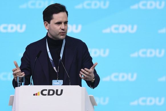 epa12761607 Federal Chairman of the Young Union Johannes Winkel speaks during the 38th Federal party convention of Democratic Union (CDU) party in Stuttgart, Germany, 20 February 2026. The federal par ...