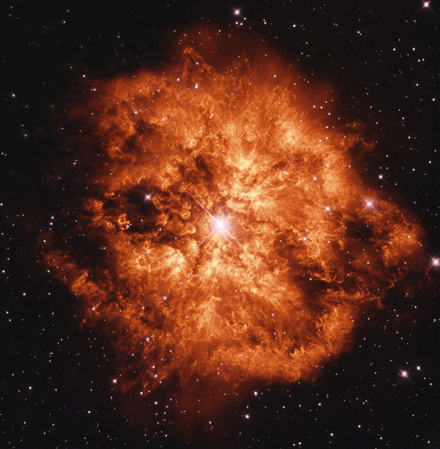 Wolf-Rayet-Stern WR-124 mit umgebendem planetarischen Nebel M1-67 (Aufnahme des Hubble-Teleskops)
https://de.wikipedia.org/wiki/WR_124#/media/Datei:M1-67_&amp;_WR124.png