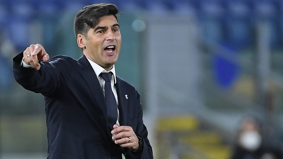 epa09181908 AS Roma&#039;s head coach Paulo Fonseca reacts during the UEFA Europa League semifinal second leg soccer match between AS Roma and Manchester United at Olimpico stadium in Rome, Italy, 06  ...