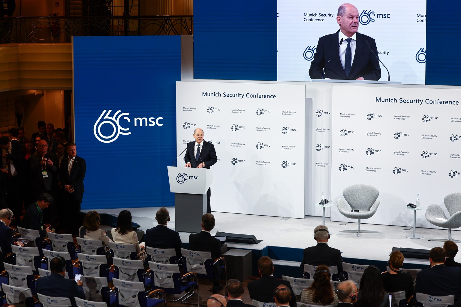 epa11160016 German Chancellor Olaf Scholz delivers a speech at the &#039;Bayerischer Hof&#039; hotel, the venue of the 60th Munich Security Conference (MSC), in Munich, Germany, 17 February 2024. More ...