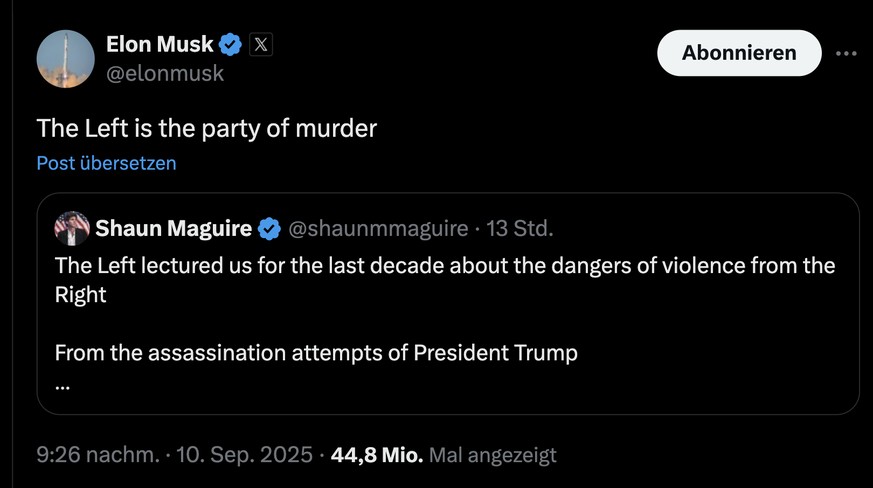 Tweet von Elon Musk, in dem er (nach der Erschiessung von Charlie Kirk) die politische Linke als Partei der Ermordungen verunglimpft. (10. September 2025)