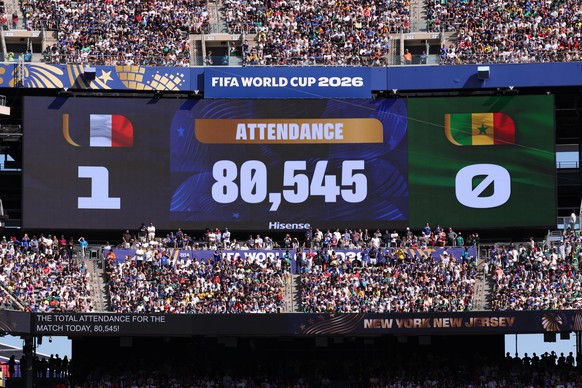 epa13042514 The scoreboard shows the attendance during the FIFA World Cup 2026 group stage match France against Senegal, in New Jersey, USA, 16 June 2026. EPA/SARAH YENESEL