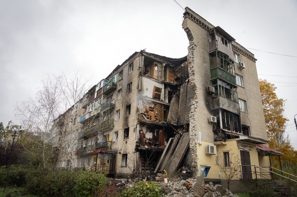 A house damaged by the Russian shelling is seen in Bakhmut, the site of the heaviest battle against the Russian troops in the Donetsk region, Ukraine, Wednesday, Oct. 26, 2022. (AP Photo/Efrem Lukatsk ...