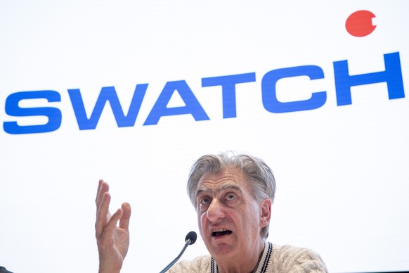 epa07436180 Nick Hayek, CEO Swatch Group, President of the Swatch Group Executive Management Board, speaks during a press conference on the year 2018 final results of Swiss watch company Swatch Group  ...