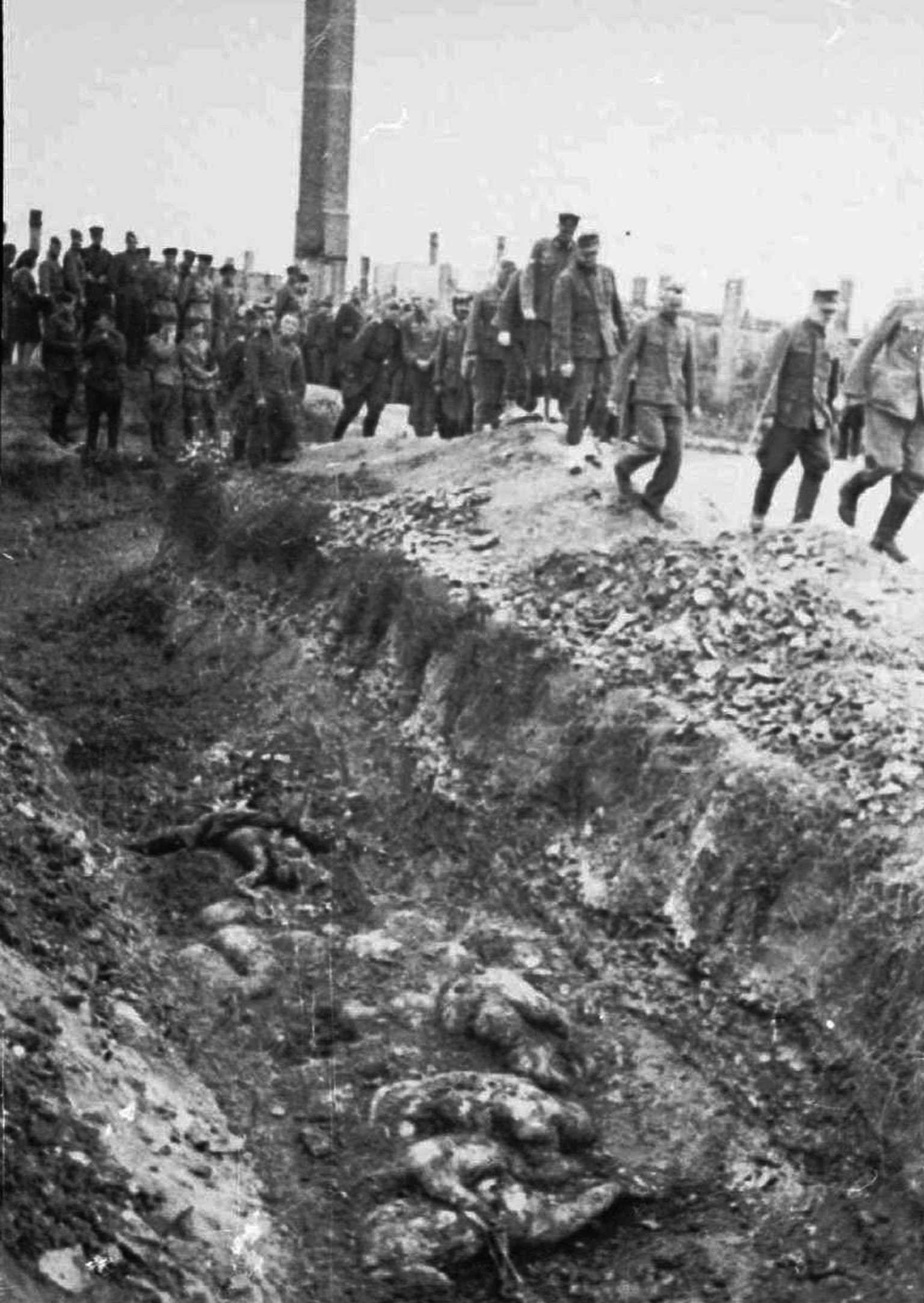 Russian liberators (L) as German uniformed prisoners walk past mass graves of the Auschwitz concentration camp durnig the 1945 liberation. (KEYSTONE/AP/Photo-Archive of Ukraine/Str)