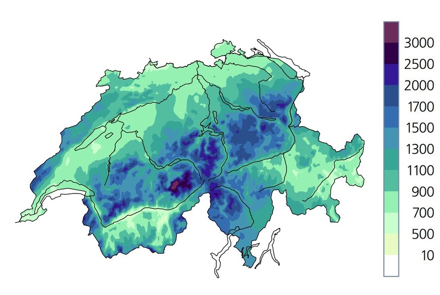 Jahres-Niederschlagssumme 2015 in mm.
