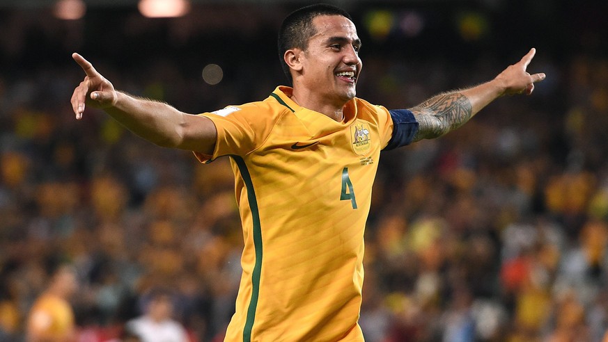 epa05472627 (FILE) A picture dated 29 March 2016 shows Australian soccer player Tim Cahill celebrating after scoring his second goal during the Group B 2018 FIFA World Cup qualifying match between Aus ...