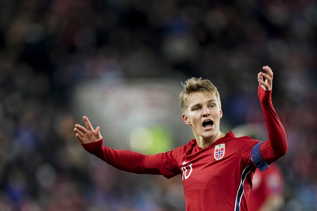Norway's Martin Odegaard reacts, during the World Cup 2022 qualifying soccer match between Norway and Latvia at Ullevaal Stadium, in Oslo, Norway, Saturday Nov. 13, 2021. (Terje Pedersen/NTB via  ...