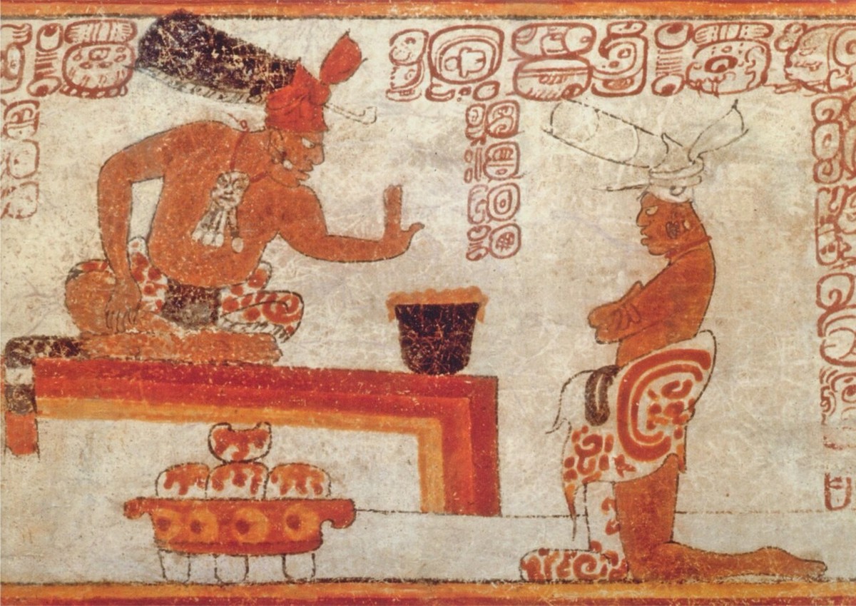 Image from a Maya ceramic depicting a container of frothed chocolate
https://en.wikipedia.org/wiki/History_of_chocolate#/media/File:Mayan_people_and_chocolate.jpg