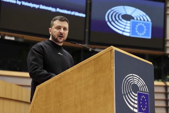 Ukrainian President Volodymyr Zelenskyy speaks at an EU summit at the European Parliament in Brussels, Belgium, Thursday, February 9, 2023. On Thursday, Zelenskyy will join EU leaders at a summit in B...