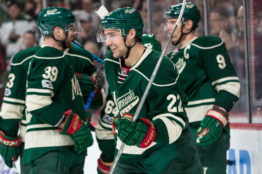 Feb 12, 2017; Saint Paul, MN, USA; Minnesota Wild forward Nino Niederreiter (22) celebrates his goal during the first period against the Detroit Red Wings at Xcel Energy Center. Mandatory Credit: Brac ...