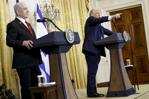 epa11875641 Israeli Prime Minister Benjamin Netanyahu (L) and US President Donald J. Trump (R) during a joint press conference in the East Room of the White House in Washington, DC, USA, 04 February 2 ...