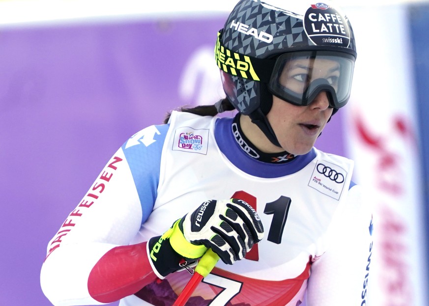 Switzerland&#039;s Wendy Holdener arrives at the finish area of an alpine ski, women&#039;s World Cup Women&#039;s Alpine Combined, in Altenmarkt-Zauchensee, Austria, Sunday, Jan. 12, 2020. (AP Photo/ ...