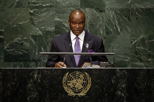 Foreign Minister of Sierra Leone Dr. Samura Kamara addresses the 69th session of the United Nations General Assembly at U.N. headquarters on Monday, Sept. 29, 2014. (AP Photo/Frank Franklin II)