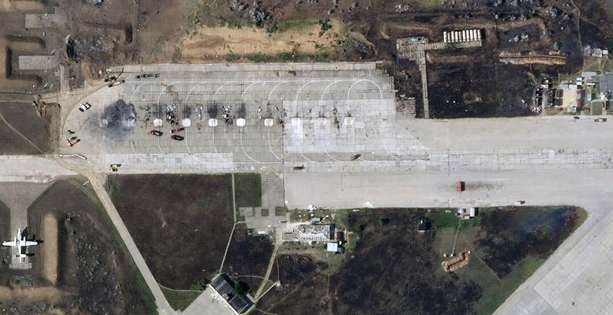 This satellite image provided by Planet Labs PBC shows destroyed Russian aircraft at Saki Air Base after an explosion Tuesday, Aug. 9, 2022, in the Crimean Peninsula, the Black Sea peninsula seized fr ...