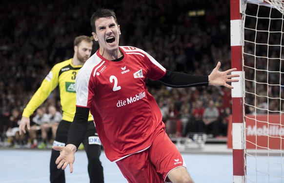 Swiss Andy Schmid celebrate the goal during the Handball EHF Euro 2018 qualification game between Switzerland and Germany in Zurich, Switzerland, Saturday, November 05, 2016. (KEYSTONE/Ennio Leanza)