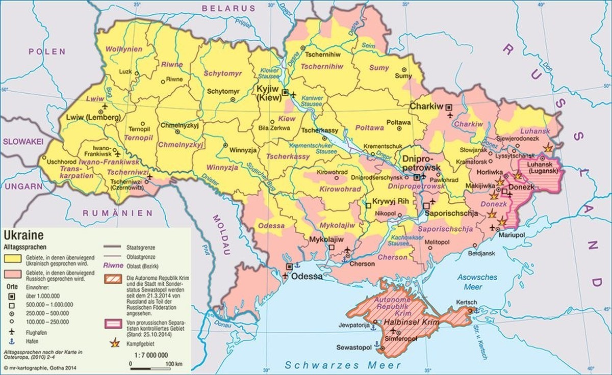 Sprachenkarte der Ukraine, 2014
https://www.bpb.de/shop/zeitschriften/apuz/195091/karte-alltagssprachen-in-der-ukraine/