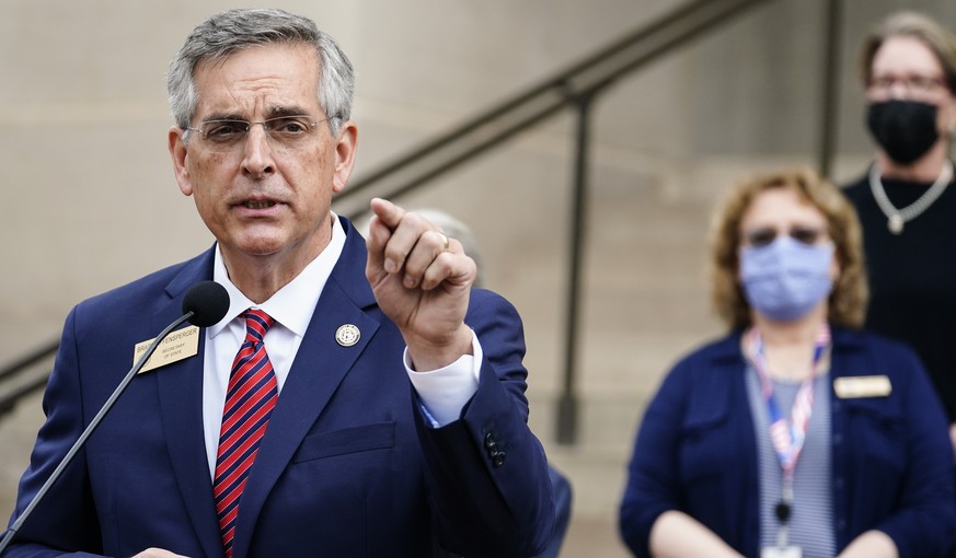 Georgia Secretary of State Brad Raffensperger speaks during a news conference on Wednesday, Nov. 11, 2020, in Atlanta. Georgia election officials have announced an audit of presidential election resul ...