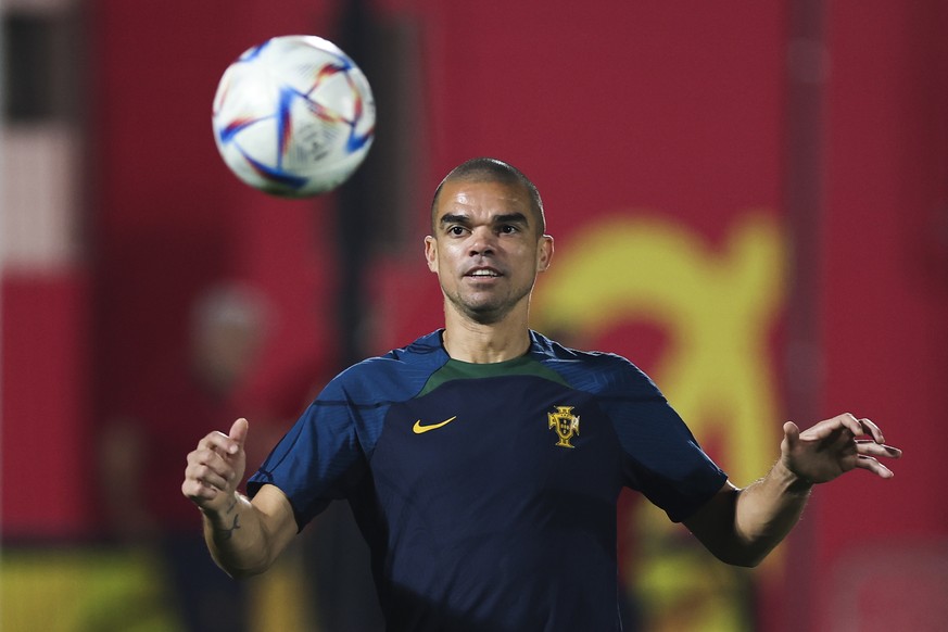 epa10349752 Portugal player Pepe attends a training session in Al-Shahaniya, Qatar, 05 December 2022. Portugal will face Switzerland in their round of 16 match at the FIFA World Cup on 06 December. EP ...